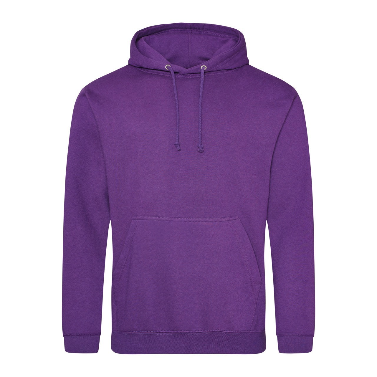 A purple hoodie with a hood, featuring a kangaroo pouch pocket and ribbed cuffs.