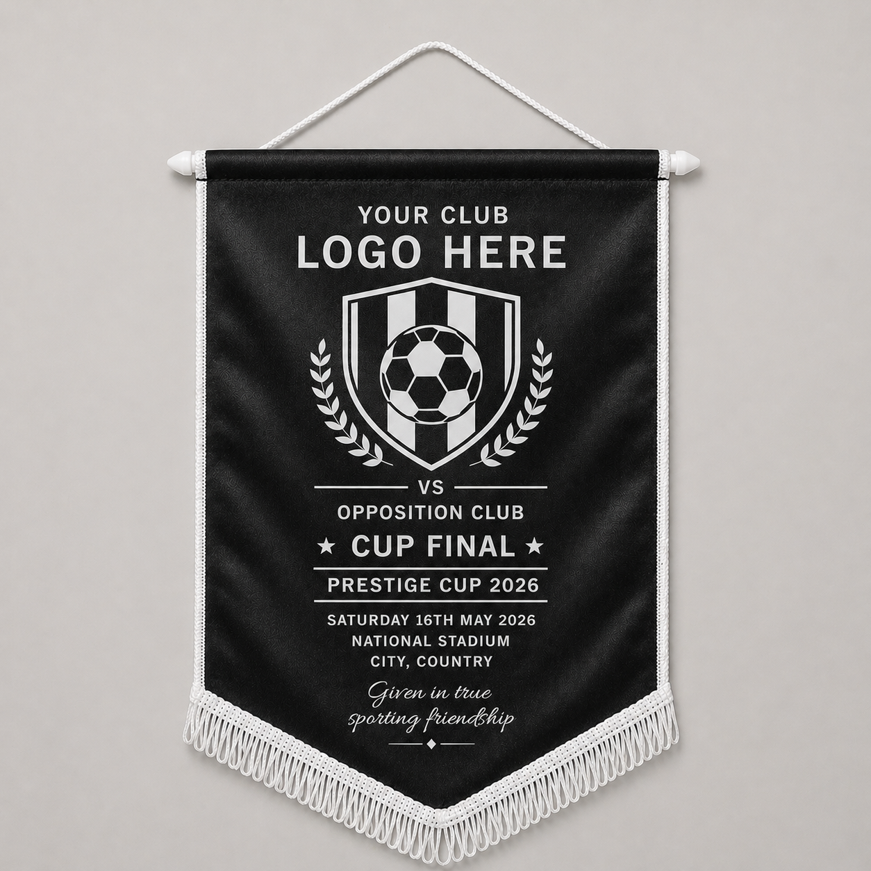 Custom printed satin football pennant with club badge and match details