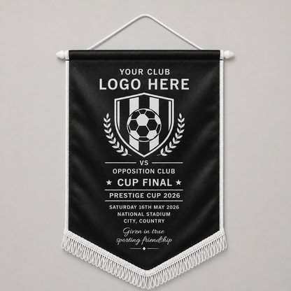 Custom printed satin football pennant with club badge and match details