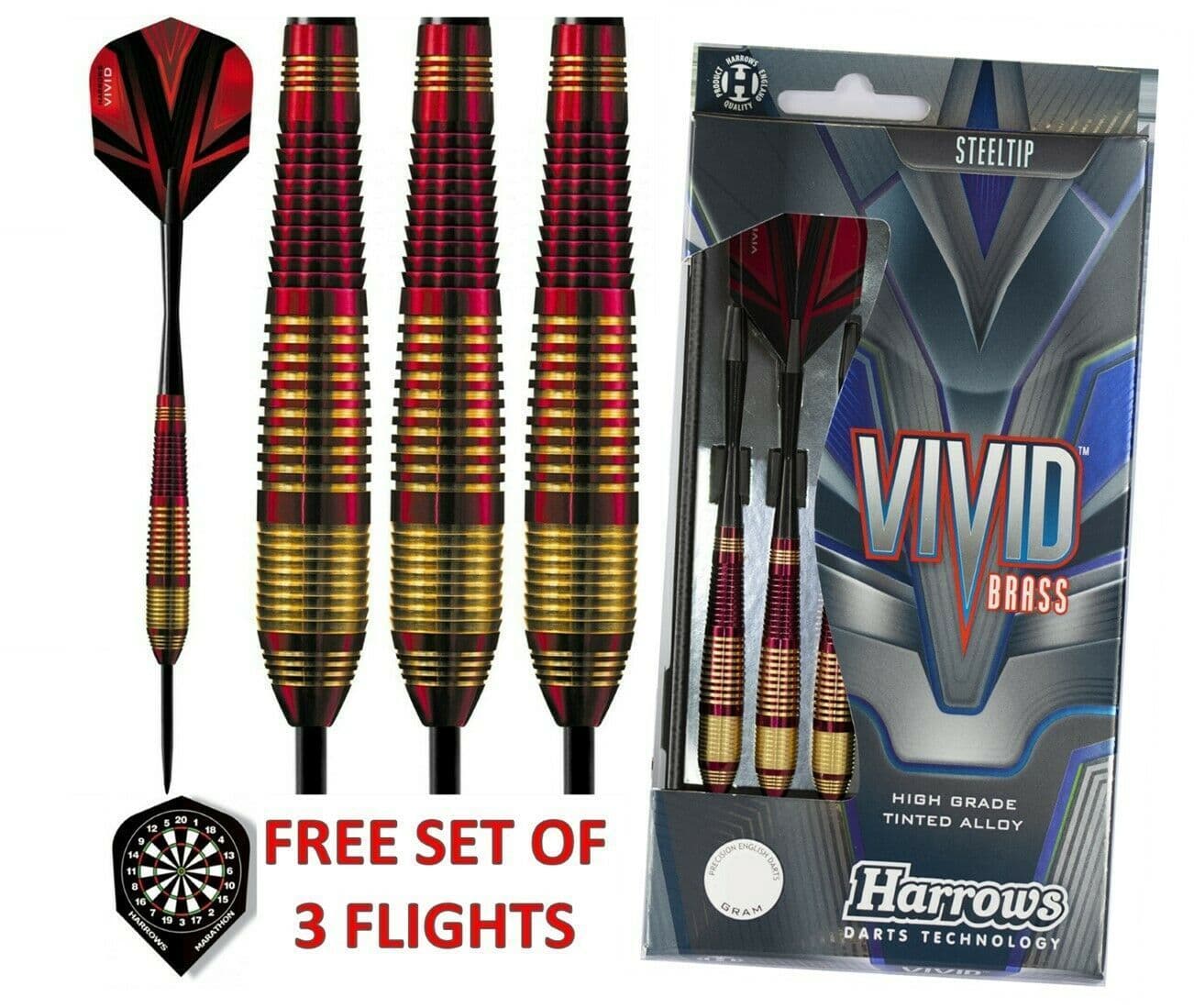 Harrows Vivid Dart Set - Brass Barrel Steel Tip RED 24G  with FREE  FLIGHTS